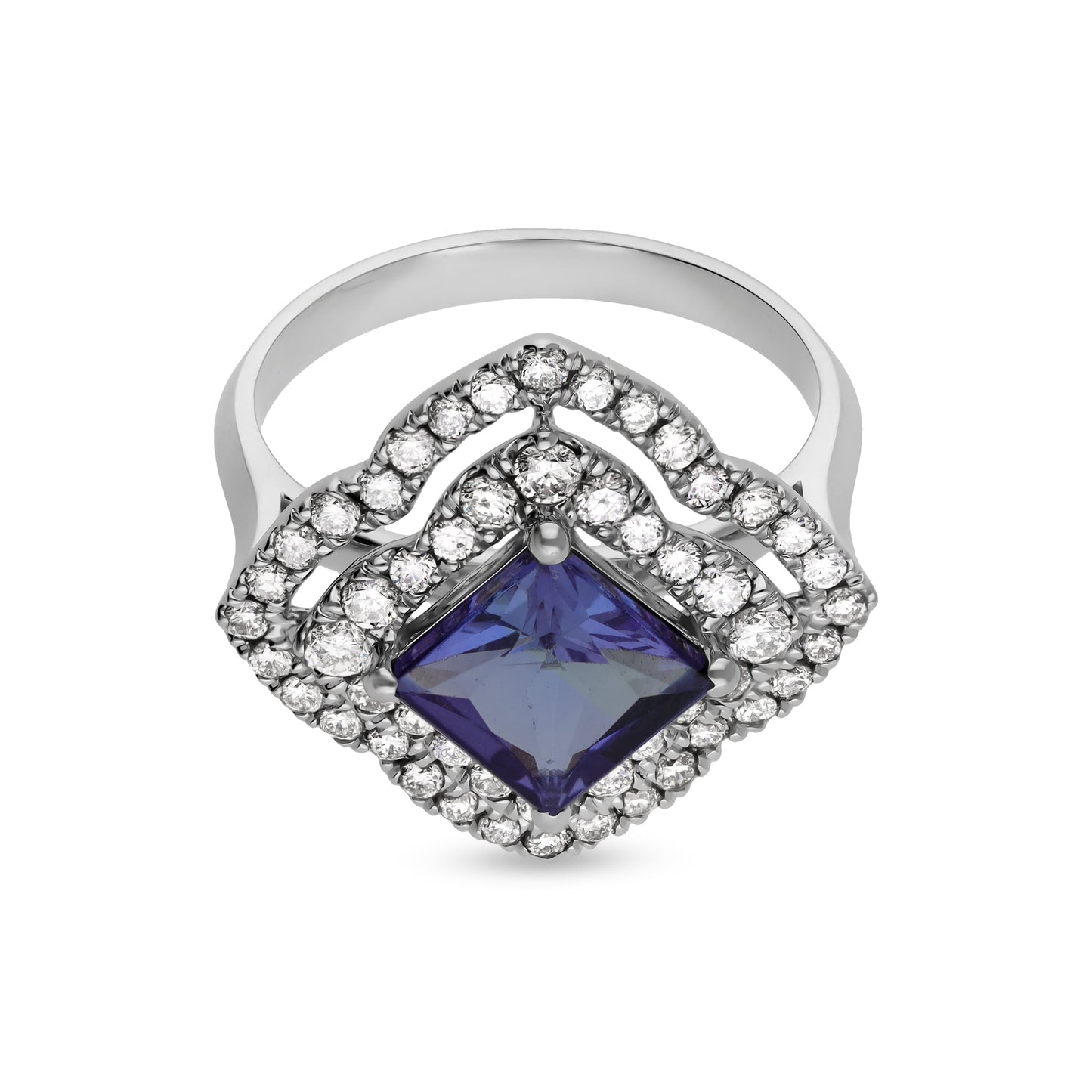 Обручальное кольцо из белого золота с синим танзанитом в форме принцессы и натуральным бриллиантом 