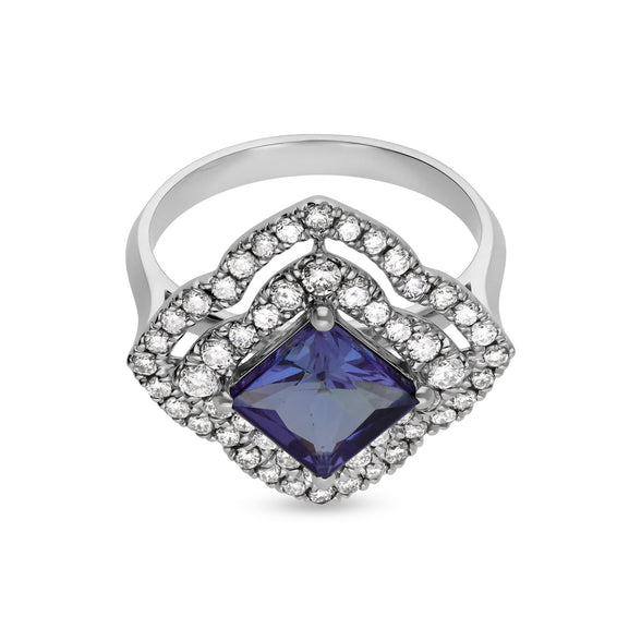 Обручальное кольцо из белого золота с синим танзанитом в форме принцессы и натуральным бриллиантом 
