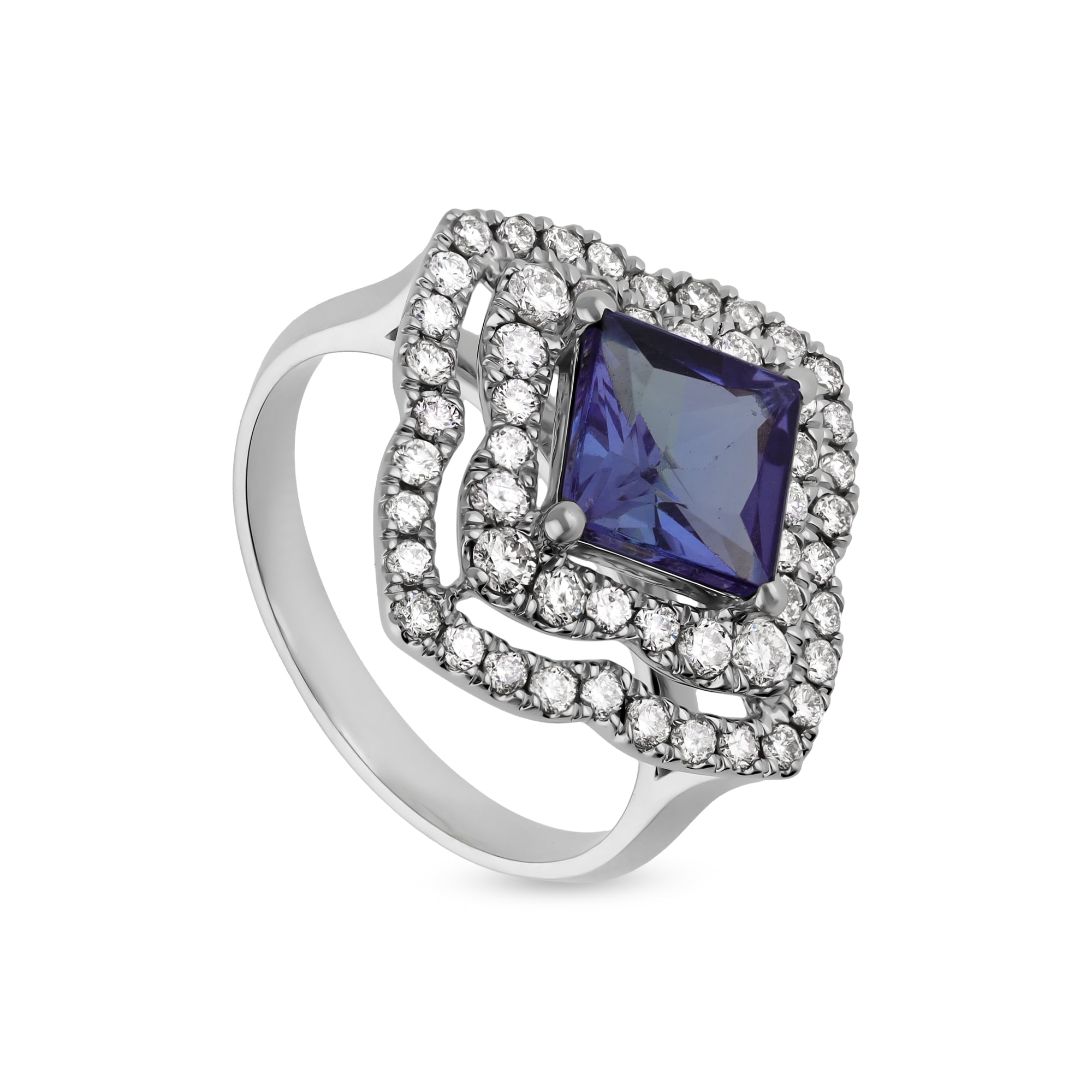 Princess shape Blue Tanzanite With Natural Diamond White Gold Engagement Ring