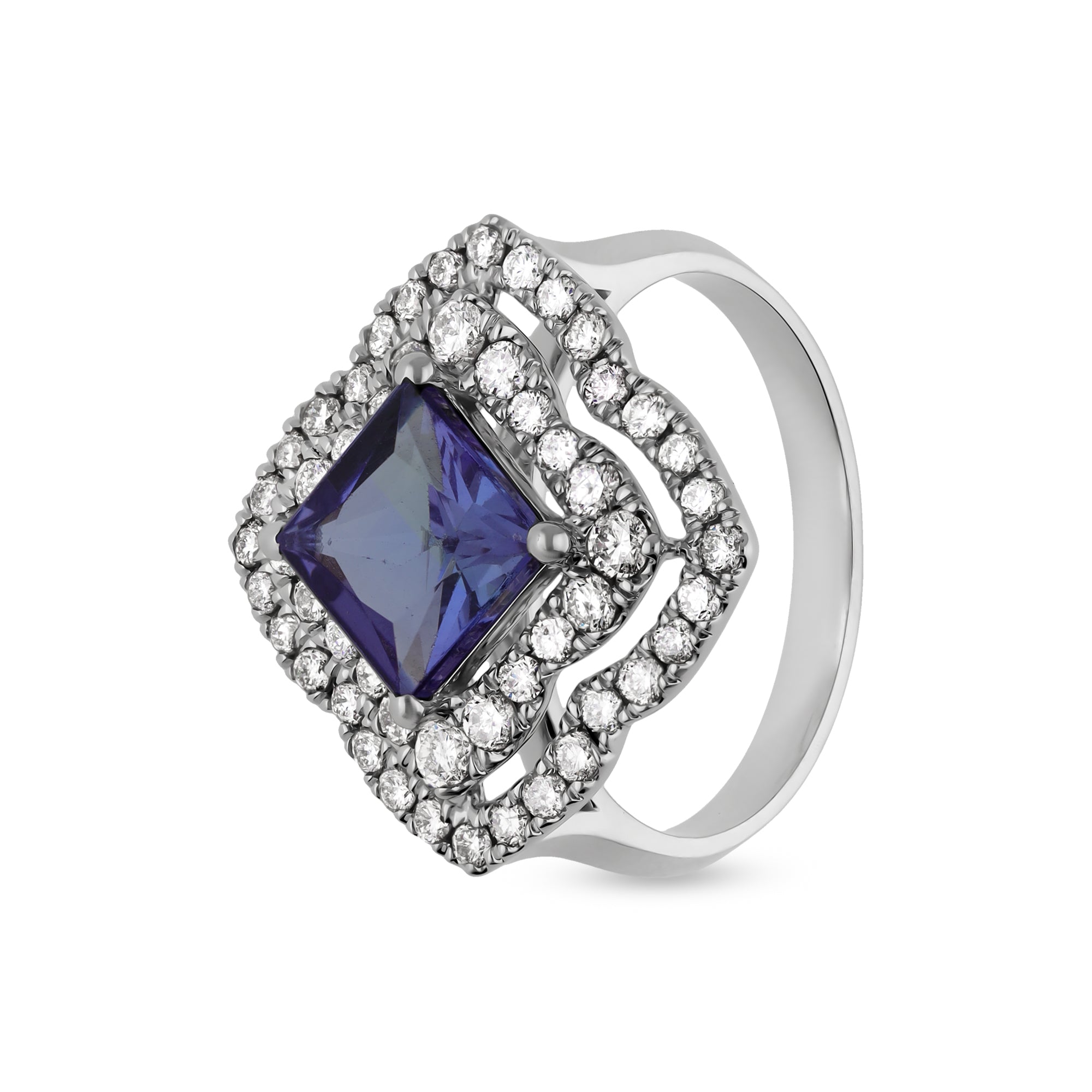 Princeses formas zils tanzanīts ar dabīgā dimanta baltzelta saderināšanās gredzenu 