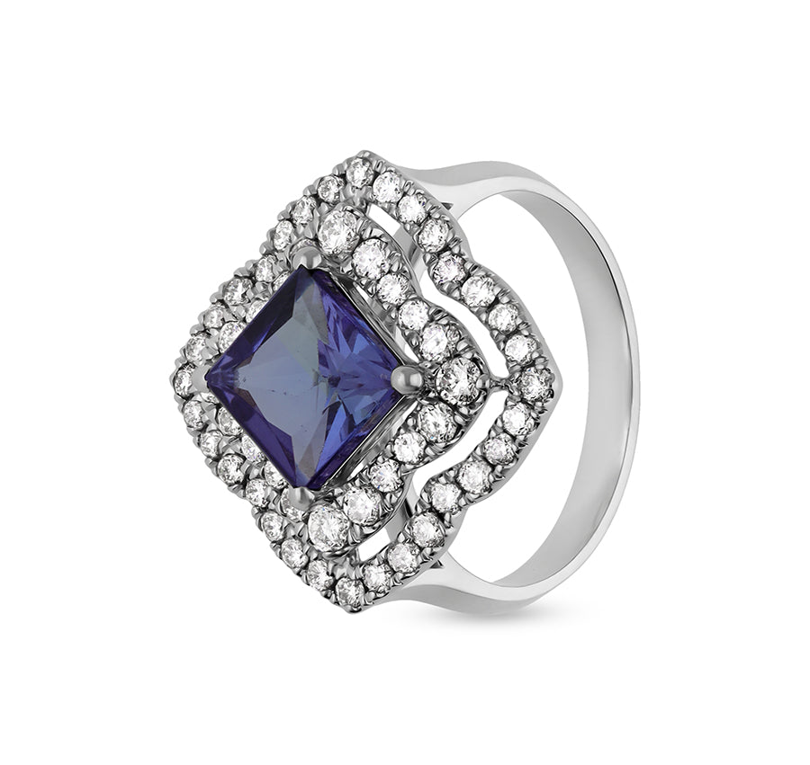 Princess shape Blue Tanzanite With Natural Diamond White Gold Engagement Ring