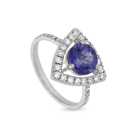 Обручальное кольцо из белого золота с синим танзанитом и круглым натуральным бриллиантом 