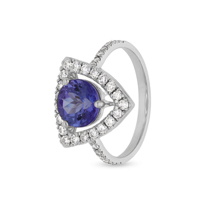 Обручальное кольцо из белого золота с синим танзанитом и круглым натуральным бриллиантом 