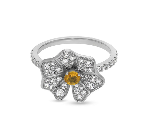 Коктейльное кольцо из белого золота с круглым сапфиром и желтым бриллиантом цветочной формы 