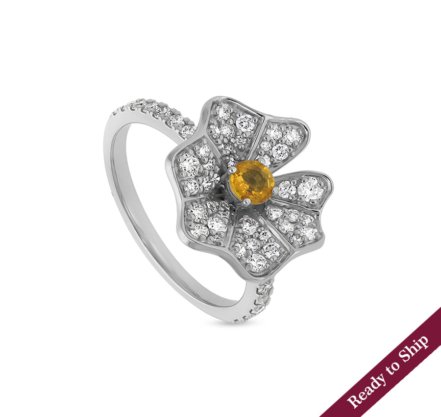 Floral Shape Round Sapphire Yellow Diamond White Gold Cocktail Ring