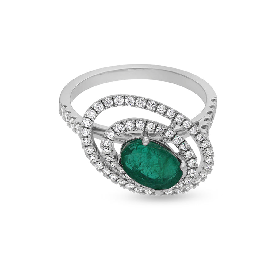 Green Oval Shape Round Natural Diamond With Prong Set White Gold Halo Ring