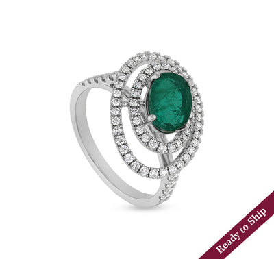 Green Oval Shape Round Natural Diamond With Prong Set White Gold Halo Ring