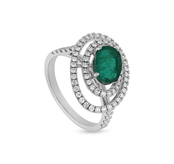 Green Oval Shape Round Natural Diamond With Prong Set White Gold Halo Ring