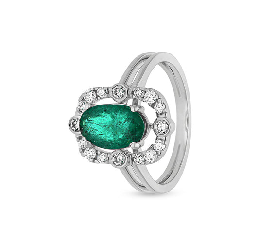 Green Oval Shape Round Natural Diamond With Prong & Bezel Setting White Gold Halo Ring