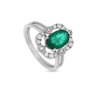 Кольцо Halo из белого золота с зеленым овальным круглым натуральным бриллиантом, зубцом и безелем 