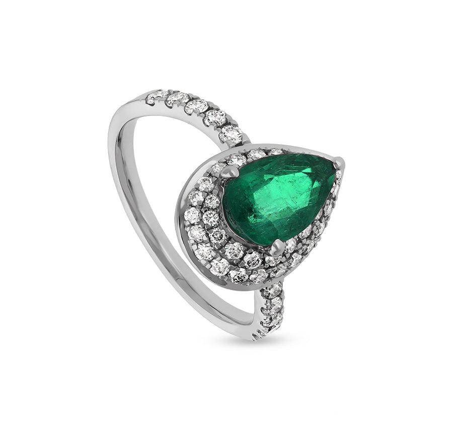 Green Pear Shape Round Natural Diamond With Prong Setting White Gold Casual Ring