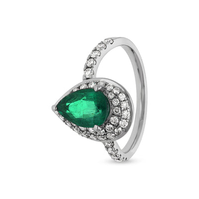 Повседневное кольцо из белого золота с круглым натуральным бриллиантом в форме зеленой груши и зубцом в оправе 