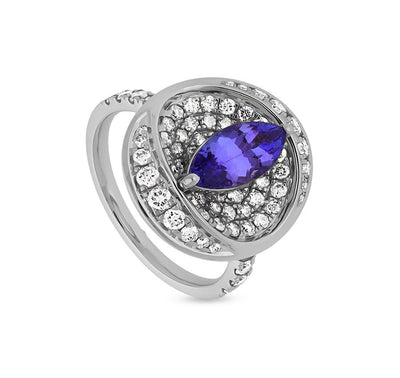 Blue Tanzanite Marquise Round Natural Diamond White Gold Casual Ring