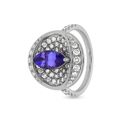 Повседневное кольцо из белого золота с синим танзанитом маркиза и круглым натуральным бриллиантом 