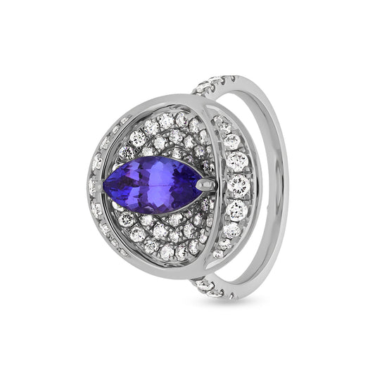 Повседневное кольцо из белого золота с синим танзанитом маркиза и круглым натуральным бриллиантом 