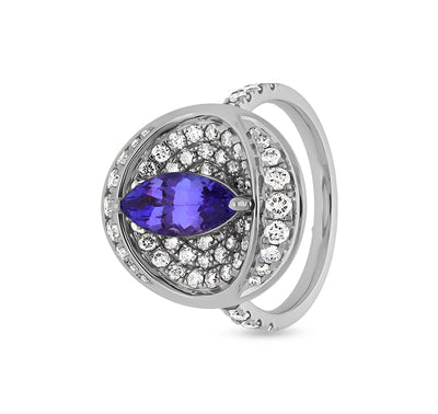 Blue Tanzanite Marquise Round Natural Diamond White Gold Casual Ring