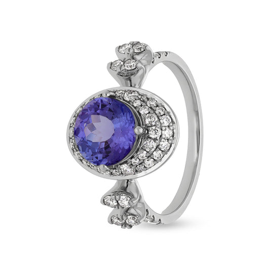 Oval Shape Round Tanzanite and Natural Diamond White Gold Engagement Ring