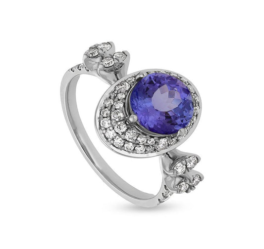 Oval Shape Round Tanzanite and Natural Diamond White Gold Engagement Ring