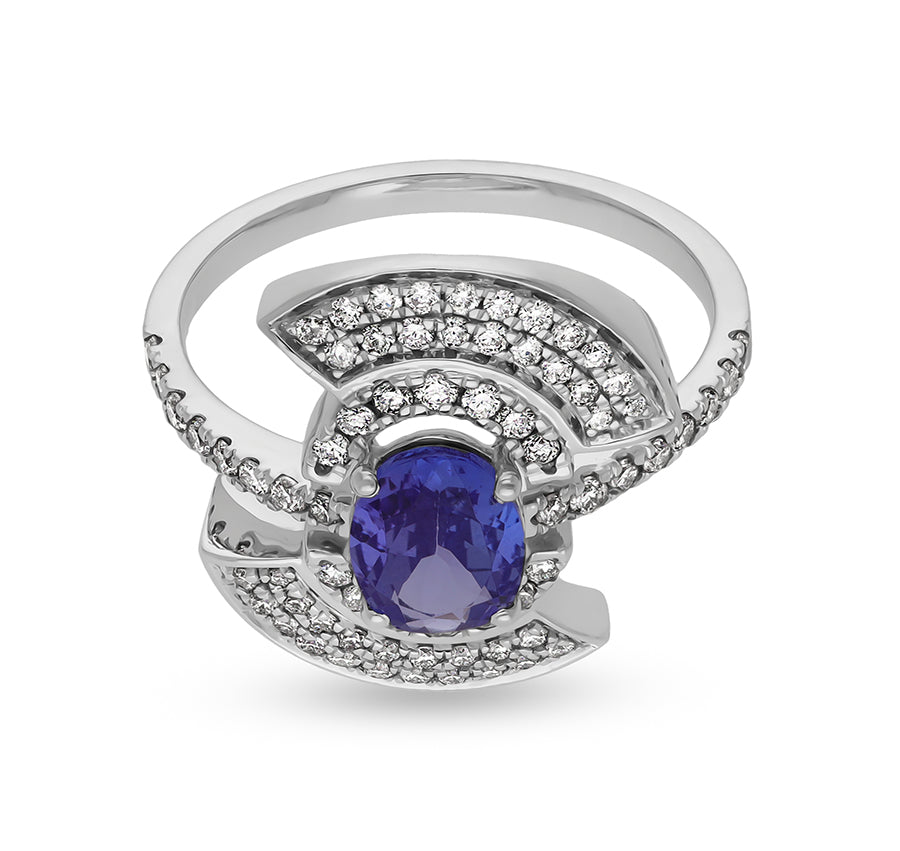 Blue Oval Stone Round Natural Diamond With Prong Set White Gold Cocktail Ring