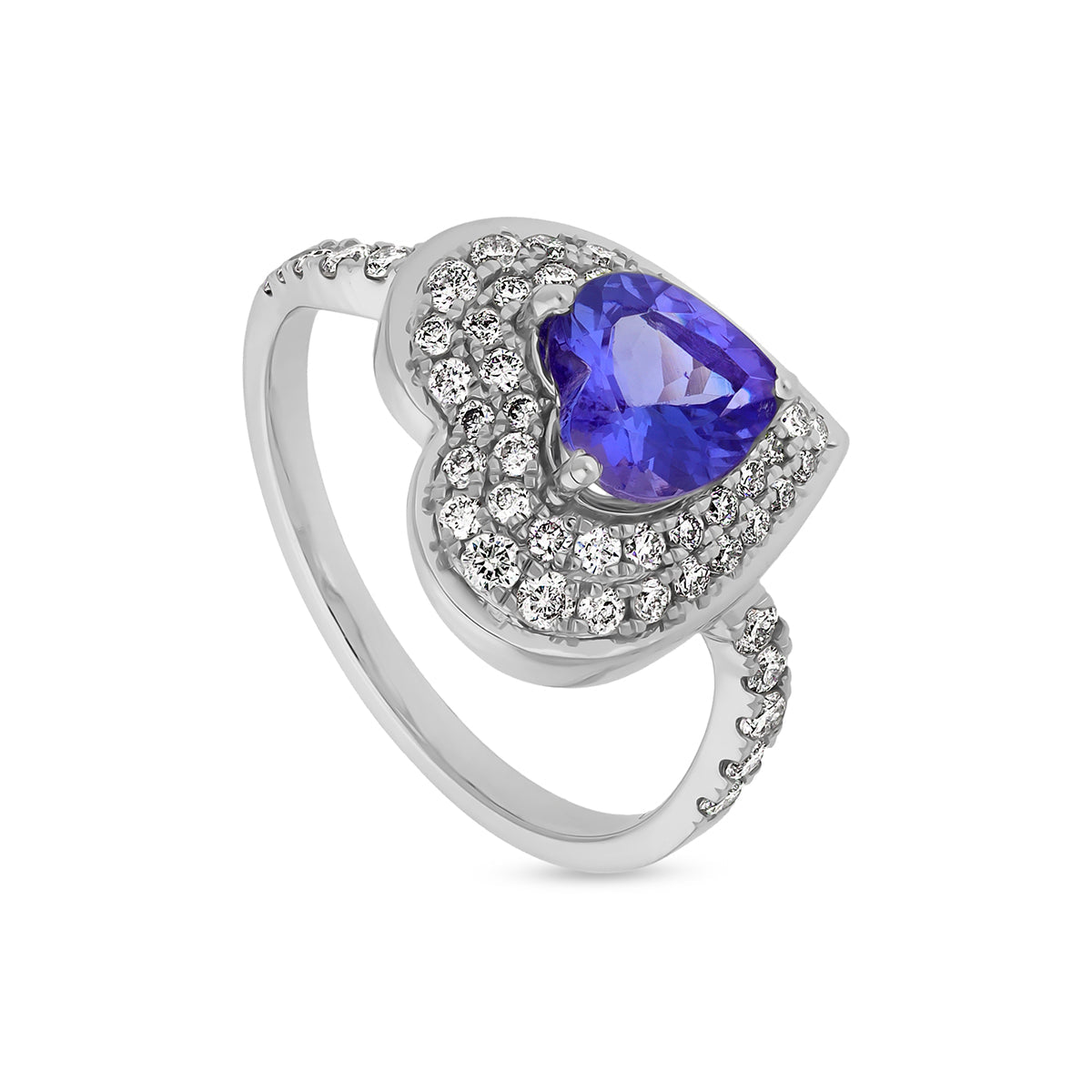 Повседневное кольцо из белого золота с синим танзанитом и круглым натуральным бриллиантом в форме сердца, паве и зубцами 