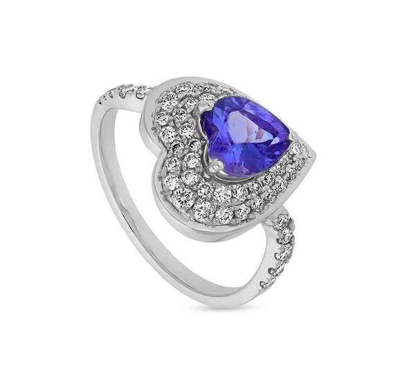 Blue Tanzanite Heart Round Natural Diamond With Pave & Prong Set White Gold Casual Ring