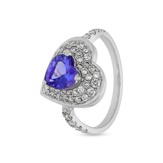 Повседневное кольцо из белого золота с синим танзанитом и круглым натуральным бриллиантом в форме сердца, паве и зубцами 