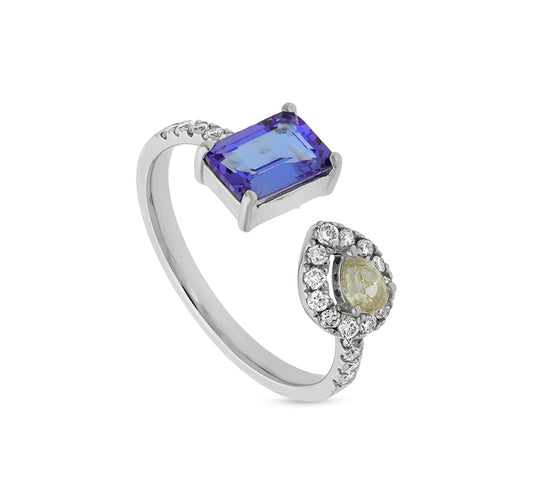 Повседневное кольцо из белого золота с синим танзанитом и огранкой «груша» и круглым натуральным бриллиантом 