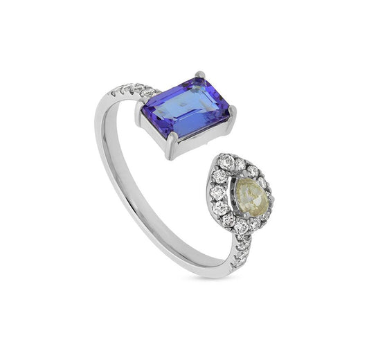 Blue Tanzanite and Pear Cut With Round Natural Diamond White Gold Casual Ring