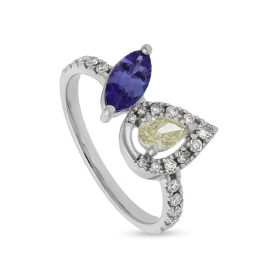 Повседневное кольцо из белого золота в форме груши с синим танзанитом и круглым натуральным бриллиантом 
