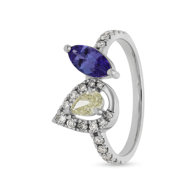Повседневное кольцо из белого золота в форме груши с синим танзанитом и круглым натуральным бриллиантом 
