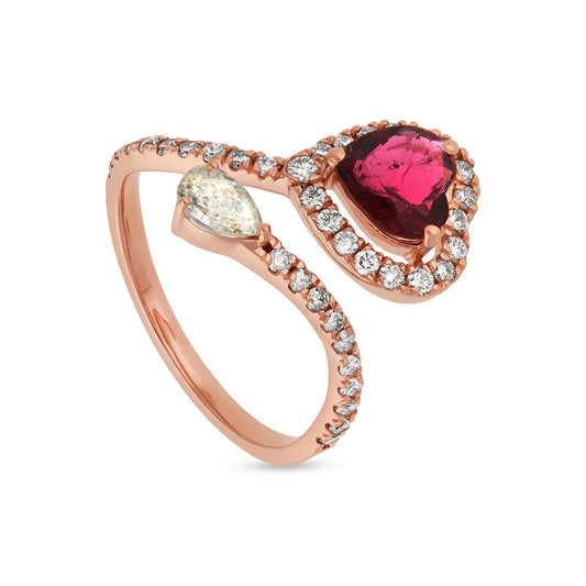 Rozā turmalīna sirds forma ar bumbiergriezuma dimanta rozā zelta saderināšanās gredzenu 