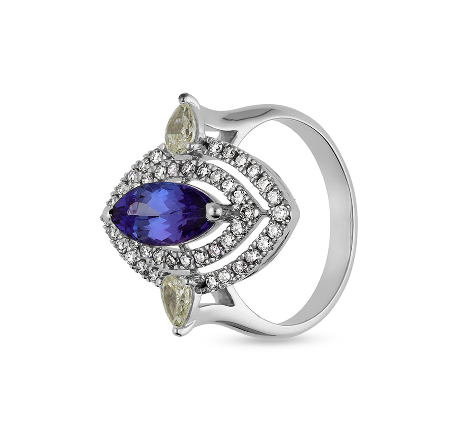 Eye Shape With Pear & Marquise Tanzanite Fancy White Gold Halo Ring