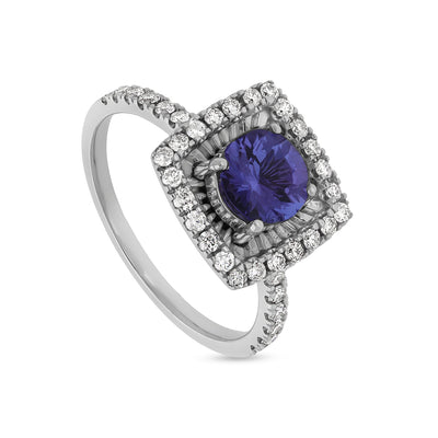 Round Shape Blue Tanzanite With Prong Set Diamond White Gold Casual Ring