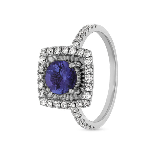Round Shape Blue Tanzanite With Prong Set Diamond White Gold Casual Ring