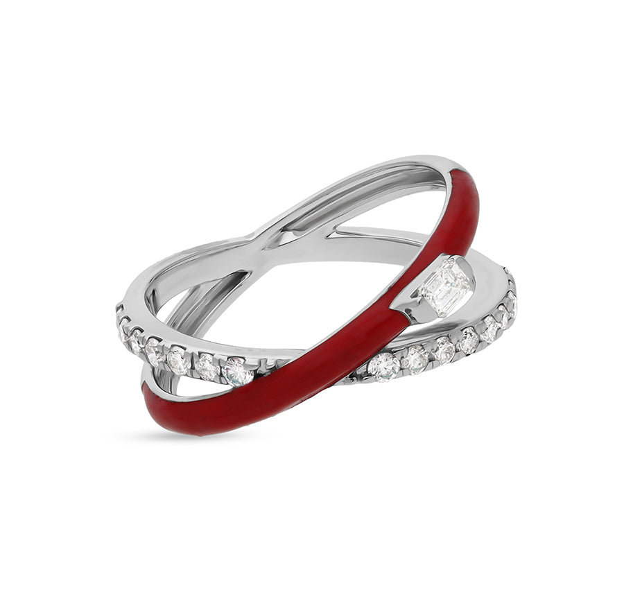 Red Enamel With Emerald Shape Diamond Crisscross White Gold Casual Ring