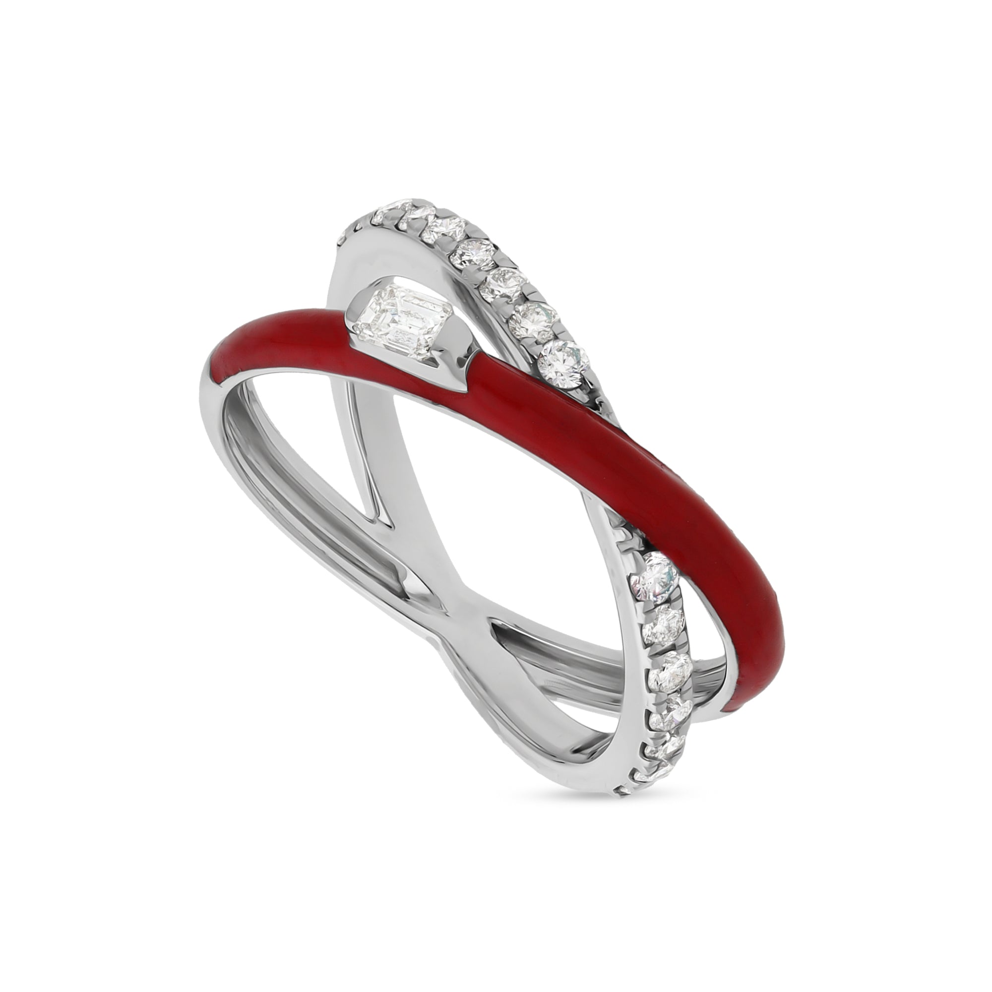 Повседневное кольцо из белого золота с красной эмалью и бриллиантами изумрудной формы крест-накрест 