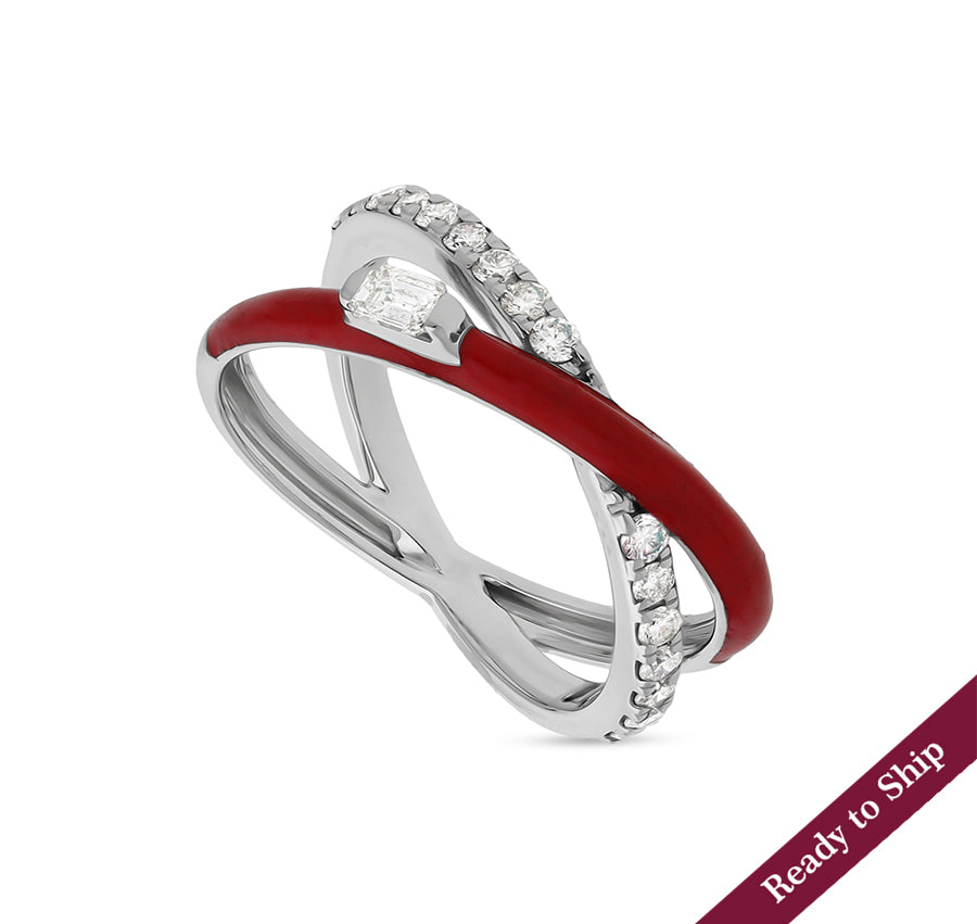 Red Enamel With Emerald Shape Diamond Crisscross White Gold Casual Ring