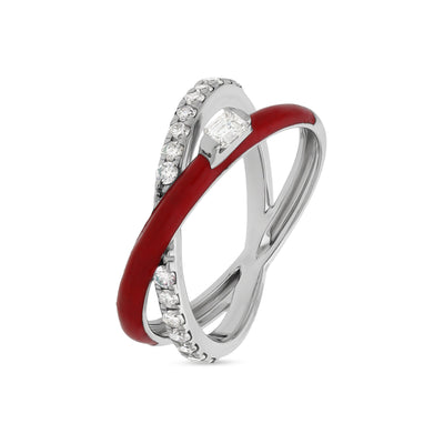 Повседневное кольцо из белого золота с красной эмалью и бриллиантами изумрудной формы крест-накрест 