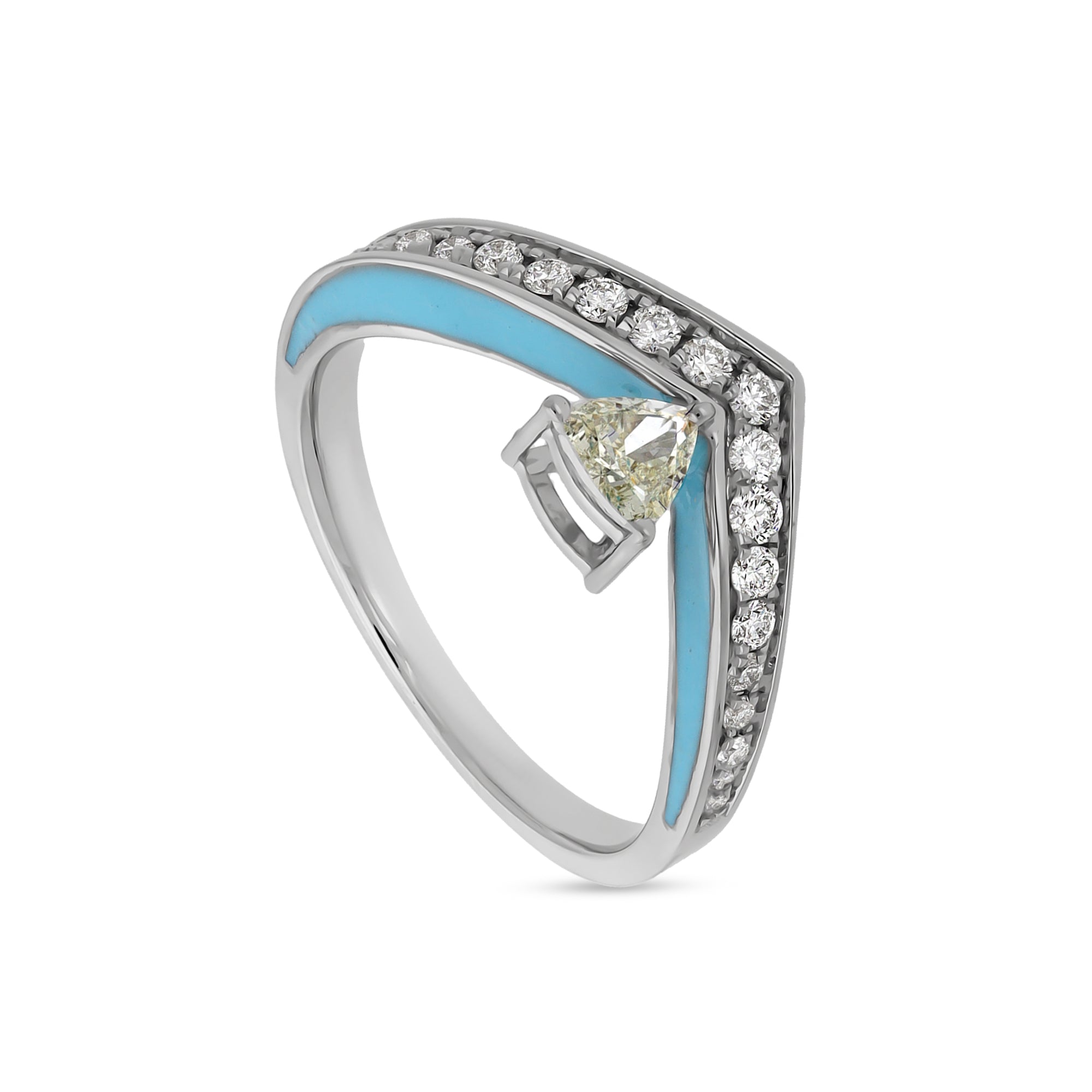 Повседневное кольцо из белого золота с небесно-голубой эмалью и треугольными бриллиантами 