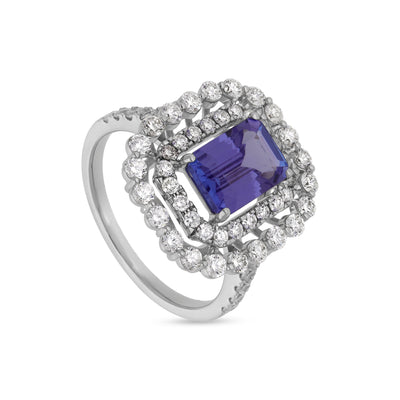 Emerald Blue Tanzanite With Round Natural Diamond White Gold Engagement  Ring