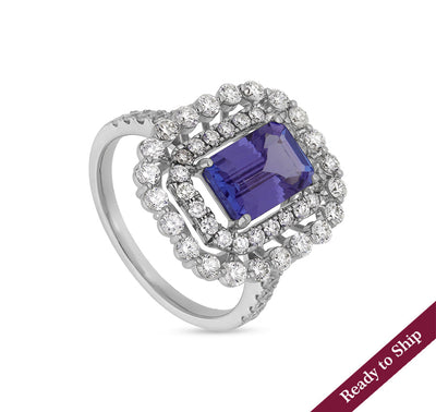 Emerald Blue Tanzanite With Round Natural Diamond White Gold Engagement  Ring