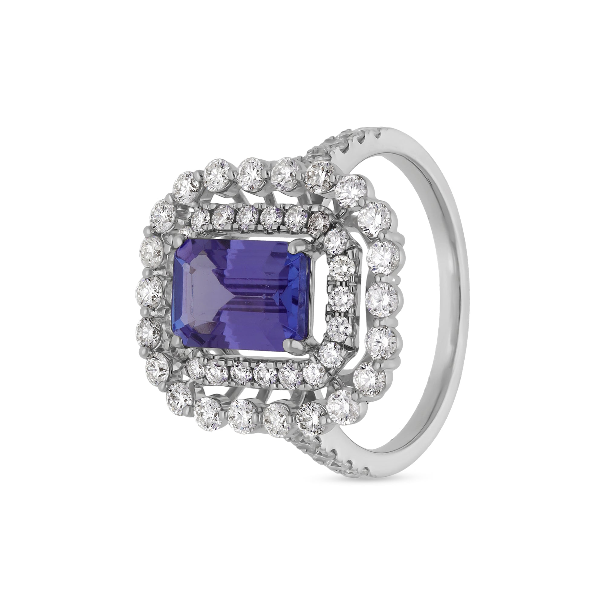 Обручальное кольцо из белого золота с изумрудно-голубым танзанитом и круглым натуральным бриллиантом 
