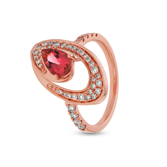 Повседневное кольцо овальной формы с турмалином розовой груши и натуральным бриллиантом из розового золота 