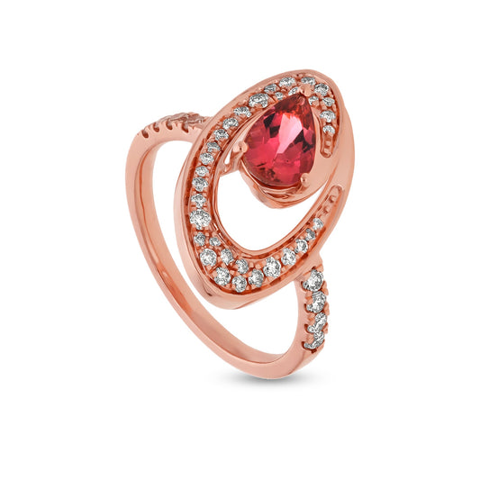 Повседневное кольцо овальной формы с турмалином розовой груши и натуральным бриллиантом из розового золота 