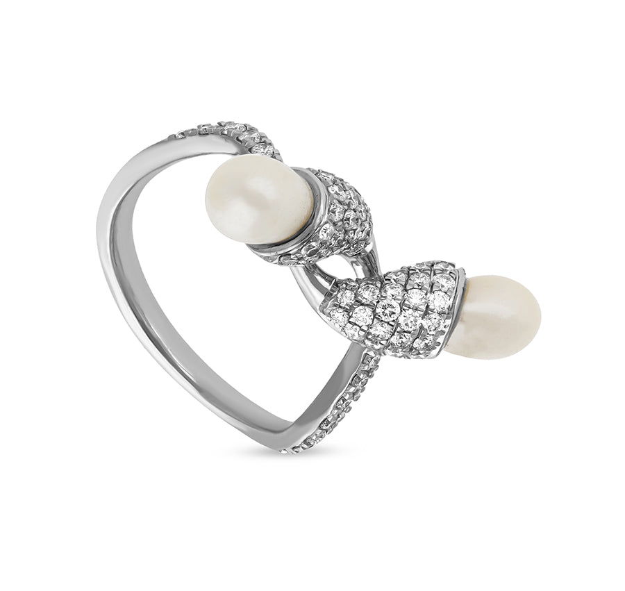 Round Natural Diamond With White Pearl Pave Set Cocktail Ring