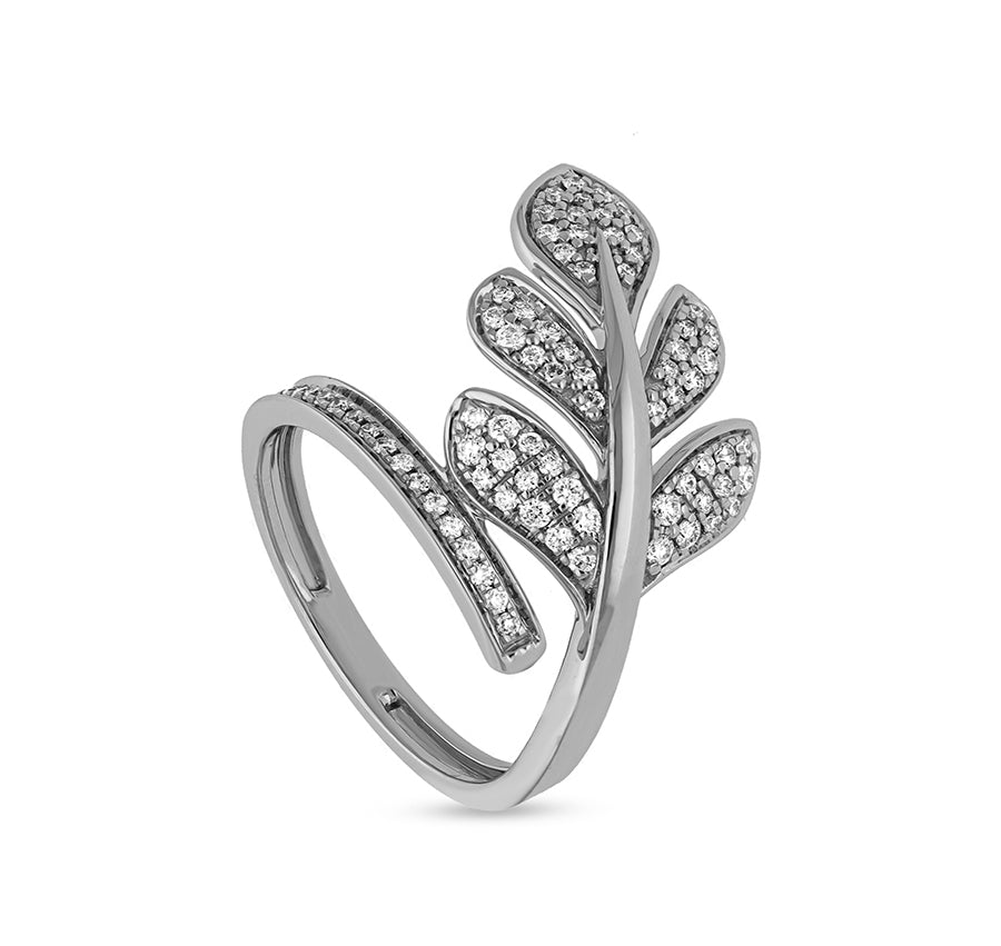 Acacia Leaves Round Natural Diamond With Pave Set White Gold Cocktail Ring