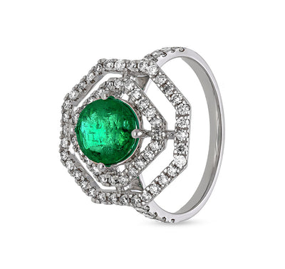 Octagon Shape green Stone With Round Natural Diamond White Gold Cocktail Ring