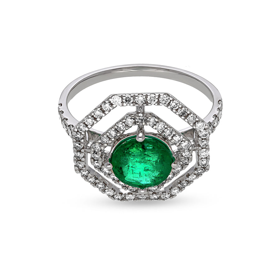 Octagon Shape green Stone With Round Natural Diamond White Gold Cocktail Ring