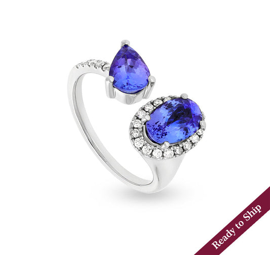 Blue Oval And Pear Stone With Round Natural Diamond White Gold Halo Ring