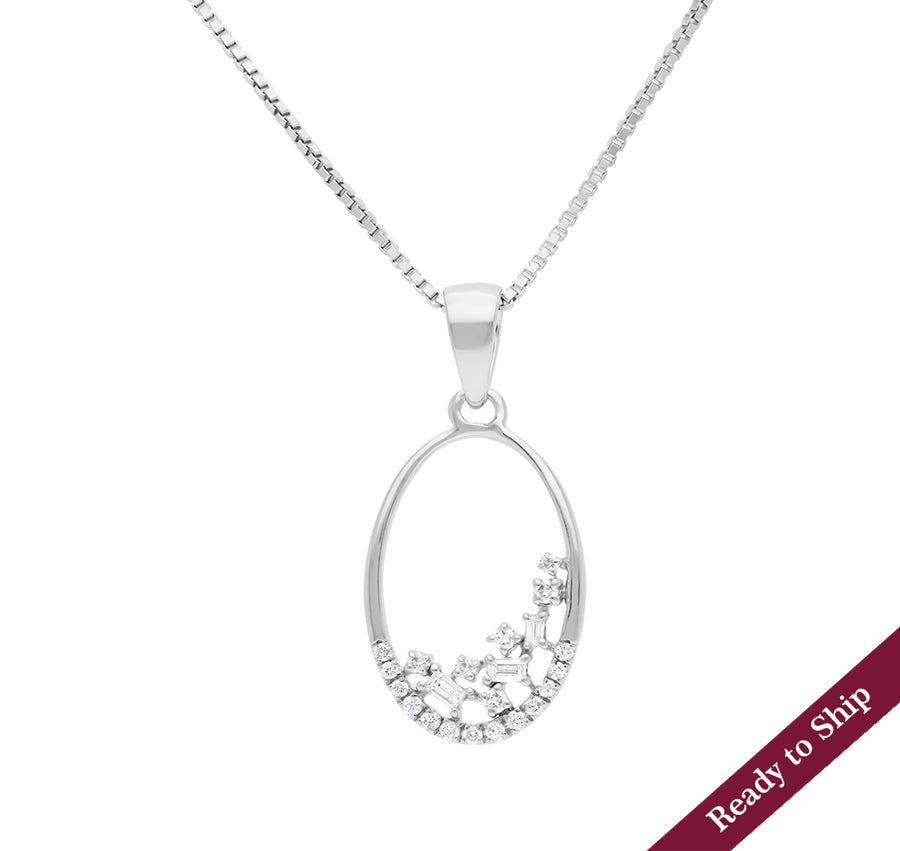 Oval Shape Pendant With Baguette Diamond white Gold Necklace